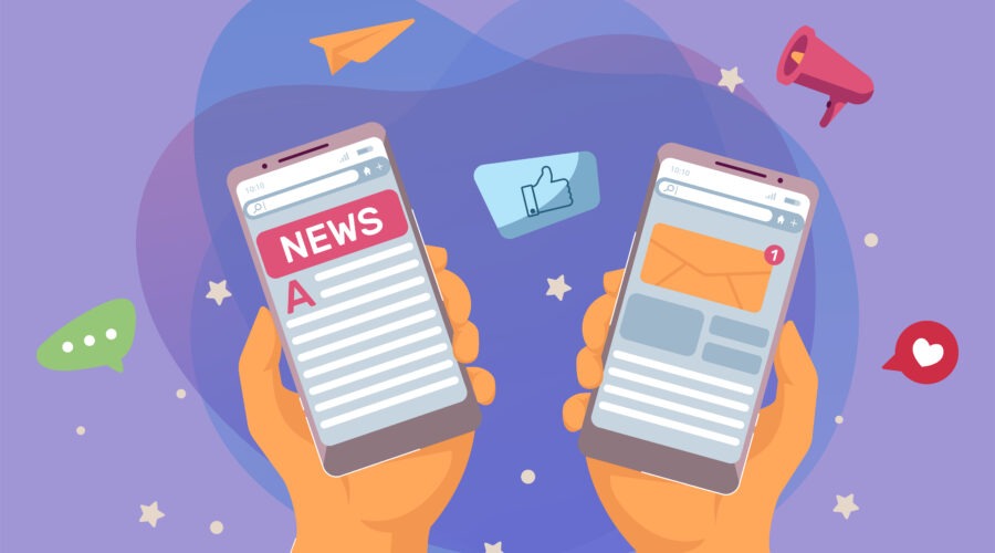 Web news and online communication. Flat vector illustration. Two hands holding smartphones with notifications and online newspaper on screen. Social media, journalism, internet concept for design